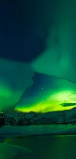 Breathtaking aurora borealis over snowy landscape and starry sky.