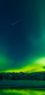 Stunning mobile wallpaper of Northern Lights over snowy mountains.