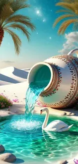 An exotic desert oasis with palm trees, a large urn pouring water, and a tranquil swan.