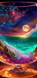 Surreal fantasy seascape in a glass with vibrant colors and cosmic elements.