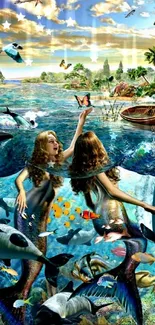 Fantasy ocean scene with mermaids, tropical paradise, and vibrant marine life.