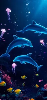 Colorful ocean scene with dolphins and jellyfish.