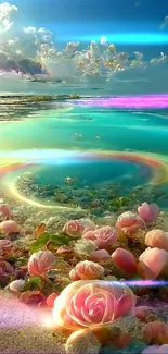 Enchanting ocean with pink roses and a magical whirlpool.