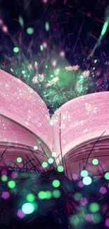 Enchanting open book with glowing lights in a magical, mystical setting.