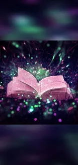 Open book with glowing magical lights and enchanting ambiance in purple hues.