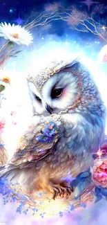 Mystical owl surrounded by flowers in a celestial fantasy setting.