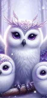 Mystical purple owl family in forest.