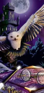 Magical owl flying past a castle under a purple moonlit sky with a wizard's book.