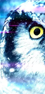 Artistic owl with vibrant blue hues and striking eyes.