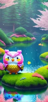 Colorful owl in a fantasy forest with pink and green landscape.