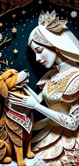 Intricate paper art of a woman and dog in a colorful, detailed design.