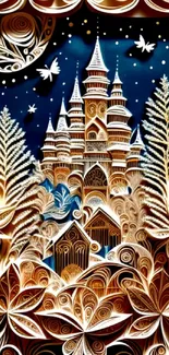 An enchanting paper art castle with intricate foliage and dark blue background.