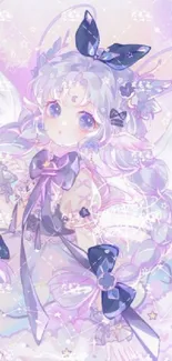 Enchanting pastel anime wallpaper with whimsical character and floral details.