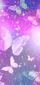 Vibrant pastel butterflies flit amidst a starry purple sky.