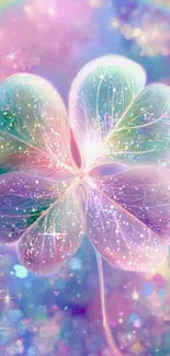 A dreamy, pastel-colored four-leaf clover with sparkling details and a magical background.