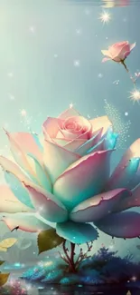 A pastel fantasy flower with shimmering accents on a mobile wallpaper.