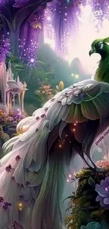 Enchanting peacock in mystical purple forest wallpaper.