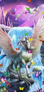 Majestic Pegasus near a waterfall with colorful butterflies in a cosmic landscape.