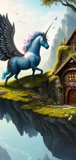 Fantasy wallpaper with Pegasus on a cliff.