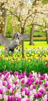 Pegasus flying over a colorful flower meadow.