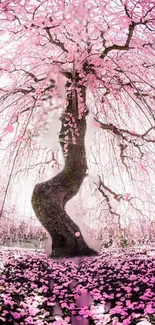 Wallpaper featuring a pink blossom tree with cascading flowers.