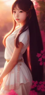 A serene girl amid vibrant pink blossoms in soft sunlight.