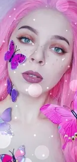 Woman with pink hair and butterflies on a dreamy mobile wallpaper.