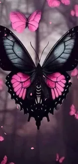 Black and pink butterflies in mystical forest wallpaper.