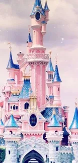 Whimsical pink castle with blue accents, perfect for fantasy lovers.