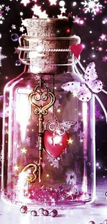 A magical pink-themed wallpaper featuring a glass jar with a heart and butterflies.