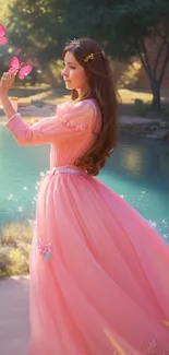 Fantasy woman in pink dress by a lake with butterflies.