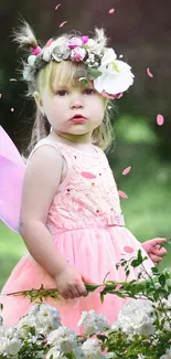 Young child in pink fairy costume with floral crown in a garden.