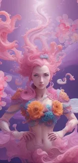 Ethereal pink fantasy art with floral details and character.