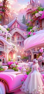 Beautiful fantasy castle in pink with floral accents and a dreamy landscape.