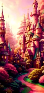 Whimsical pink castle with vibrant trees in a magical, fantasy setting.