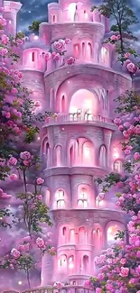 Pink fantasy castle with blooming roses and a bright moon.