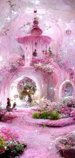 Magical pink garden with whimsical floral design.