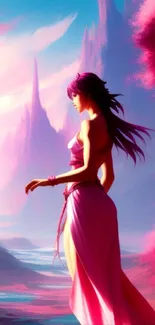 Fantasy landscape wallpaper with pink and purple colors featuring a mysterious woman.