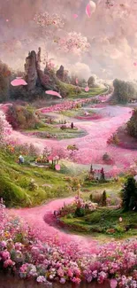 Surreal pink landscape with flowers and a winding pathway.