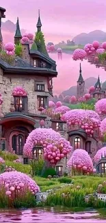 Enchanting pink village with whimsical architecture and blossoms.