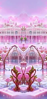 Enchanting pink fantasy landscape with roses and mystical architecture.