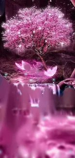 Fantasy pink tree with mystical waterfall background.