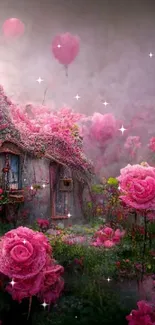 Enchanting pink cottage surrounded by roses.