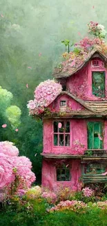 Whimsical pink cottage with flowers and lush green background.