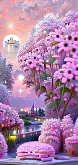 Enchanting pink floral fantasy wallpaper with dreamy landscape.