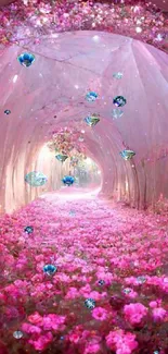 Enchanting tunnel with pink flowers creating a magical path.