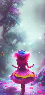 Mystical girl in pink forest with vibrant, dreamy path.