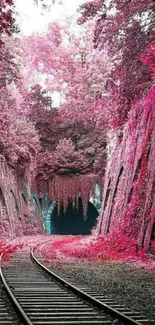 Mobile wallpaper of a pink forest with railway track.