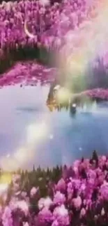 Pink forest with serene lake and ethereal light.