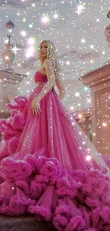 Woman in pink gown on stairs with sparkles.